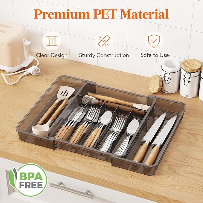 Lifewit Silverware Organizer for Kitchen Drawer, Expandable Utensil Tray for Spoons Forks Knives, Adjustable Flatware Cutlery Holder Storage, Large, Black