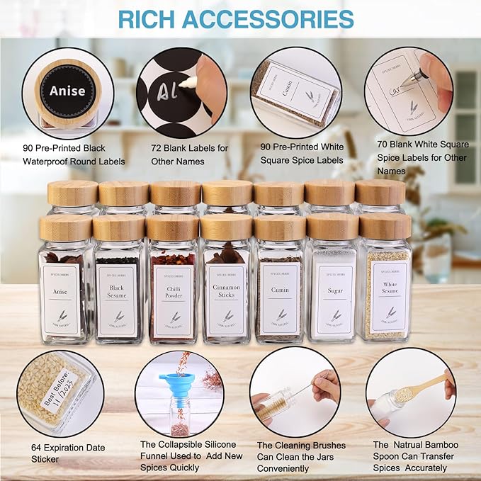 14 Glass Spice Jars with Bamboo Airtight Lids and 5 Types of Spice Labels-4oz Empty Square Spice Bottles with Shaker Lids and Silicone Collapsible Funnel,Test Tube Brush,Bamboo Spoons