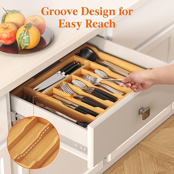 Lifewit Silverware Drawer Organizer, Expandable Utensil Tray for Kitchen, Bamboo Flatware and Cutlery Holder, Wood Adjustable Storage for Spoons Forks Knives, Large, Natural