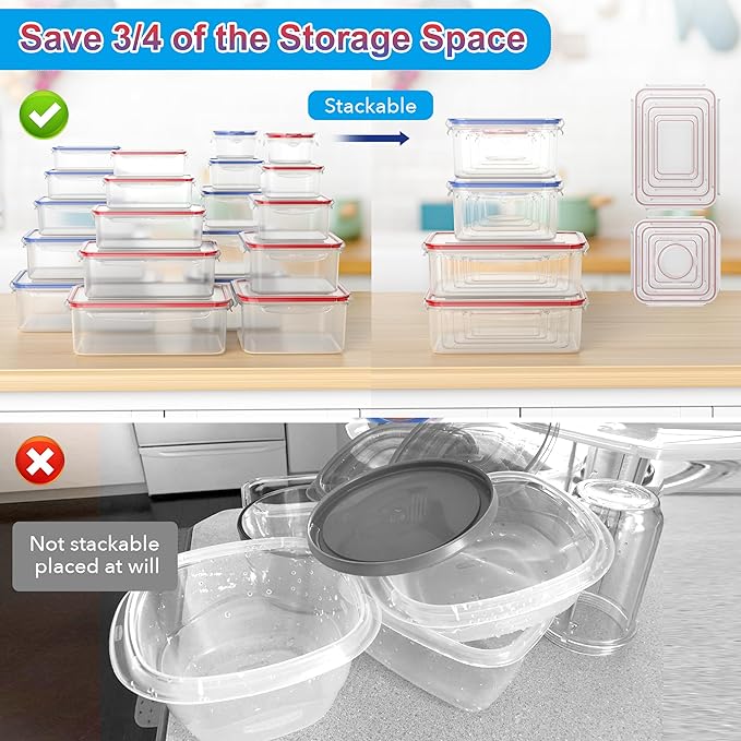 40-Piece Reusable Food Storage Containers with Lids Airtight, 100% Leakproof Plastic Meal Prep Storage Food Grade Kitchen Organizer, Stackable Freezer Containers, Microwave & Dishwasher Safe