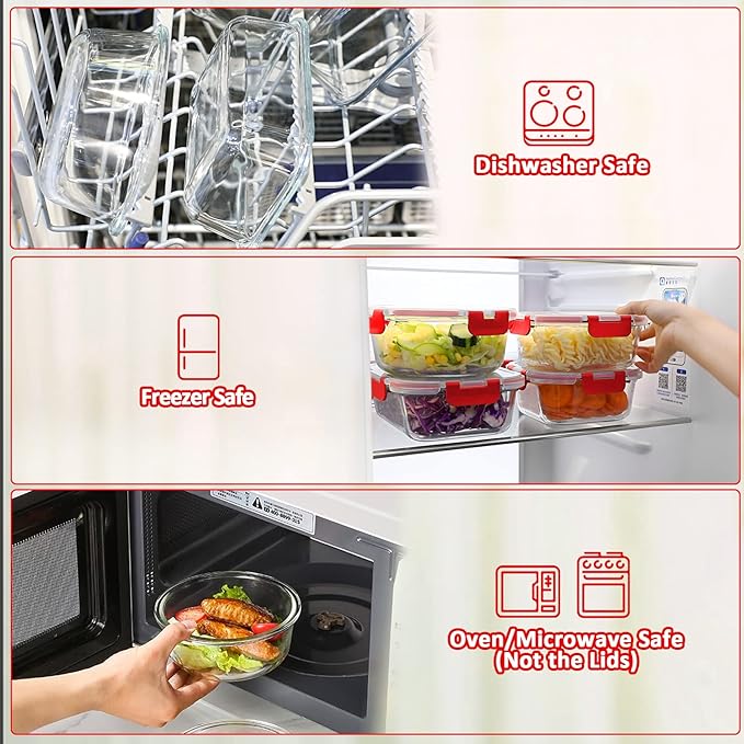 M MCIRCO 30 Pieces Glass Food Storage Containers with Upgraded Snap Locking Lids,Glass Meal Prep Containers Set - Airtight Lunch Containers, Microwave, Oven, Freezer and Dishwasher Friendly, Red