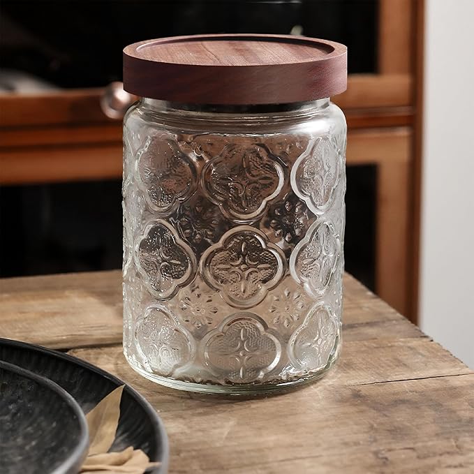Glass Storage Jars With Airtight Lid, 23.7oz Container For Kitchen Counter with Wooden Lid, brown sugar, candy, coffee, cookie, salt, tea, cute Jar (Begonia Flowers*1)