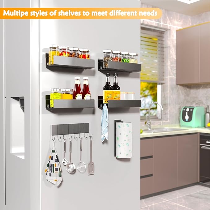 Magnetic Spice Rack for Refrigerator, Black Metal Space Saving Spice Racks Magnetic Refrigerator, Fridge Shelves with Strong Magnets, Six-Piece Magnetic Storage Rack, Magnetic Spice Rack