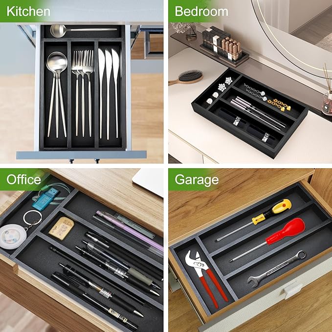 Small Silverware Organizer for Drawer Bamboo Kitchen Utensil Tray Narrow Cutlery Drawer Organizer Flatware Caddy Wooden Utensil Drawers Spoon Fork Holder Black Skinny Silverware Trays Organizers