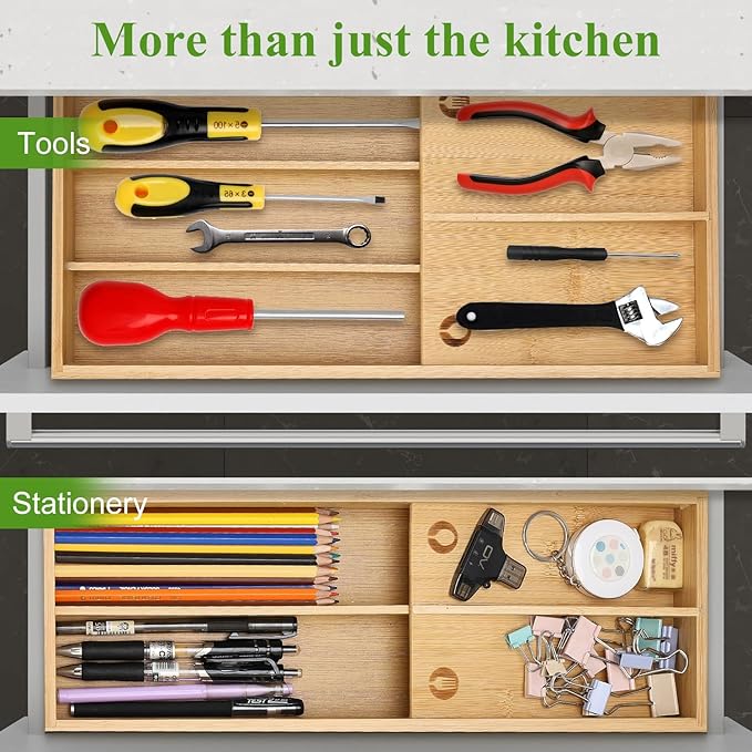 Bamboo Silverware Drawer Organizer Cutlery Tray for Drawer Wood Kitchen Utensil Tray Flatware Caddy Cutlery Holder Utensil Drawers Organizer for Spoon Fork Knives Wooden Silverware Trays