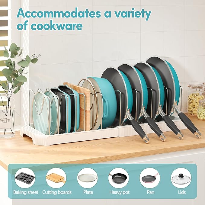 Pots and Pans Organizer for under Cabinet, Expandable Pan Pot Organizers inside Cabinet, Heavy Duty Pot Rack for kitchen organizers and storage Holder with 12 adjustable compartment White