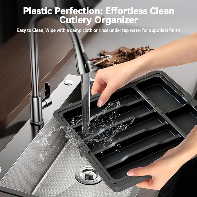 Silverware Organizer, Expandable and Adjustable Kitchen Utensil Drawer Organizer, Plastic Cutlery Holder with Multiple Compartments, Cutlery Holder,for Spoons Forks Knives, Black, UAFD011B