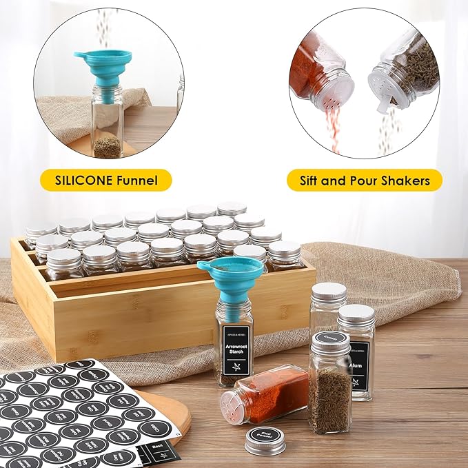 Bamboo Spice Rack Organizer With 28 Spice Jars, 780 Labels, 4 Tier Wood Hanging Shelf, Chalk Marker and Funnel Set for Drawer Cabinet Kitchen Countertop Wall Mount, Empty 4 oz Glass Jar & Shaker Lids