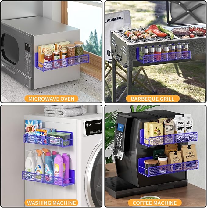 Magnetic Spice Rack for Refrigerator, 4 Pack Metal Magnetic Shelf, Super Magnetic Spice Organizer, Moveable Space Saving Shelf, Durable Home Kitchen Organization and Storage Racks, Purple Blue