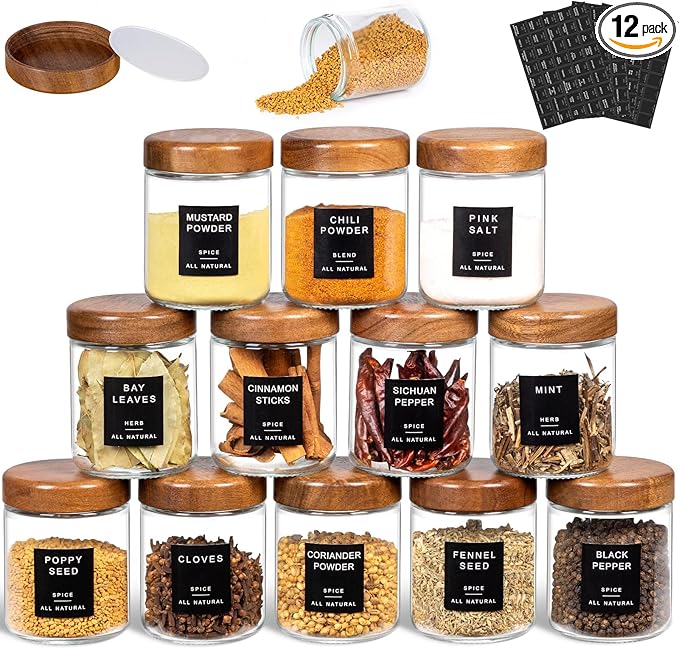 Yangbaga Glass Spice Jars with Labels: 12p 8oz Wide Mouth Square Bottle w/Pepper Grinder&Funnel - Airtight Wood Lid & Dishwasher Safe - Home Kitchen Pantry Daily Use - Gift for Newlyweds/Households
