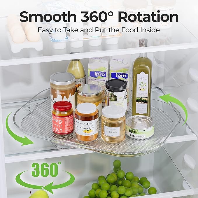 LAMU 2 Pack Lazy Susan Turntable Organizer 14.56'' x 11'', Rectangular, Rotating Organizer for Refrigerator Cabinet, Pantry, Kitchen, Countertop, Table, Fridge Organizers and Storage, Clear