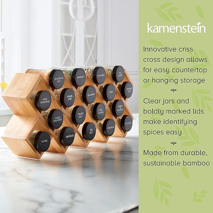 Kamenstein 18 Jar Criss-Cross 2-in-1 Spice Organizer for Countertop or Wall with Spices Included, FREE Spice Refills for 5 Years, Bamboo with Black Caps