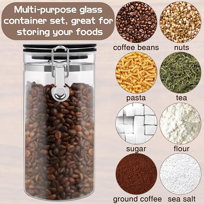 WYTAOHZL 2PCS Glass Coffee Containers With Shelf 54 oz Station Organizer Bean Storage With Spoon Canister Set Jars With Airtight Locking Clamp for Ground Nuts