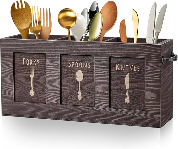 Wood Flatware, Cutlery, Kitchen Utensil & Silverware Caddy Organizer Bin Holder for Kitchen Countertop, Perfect for Forks, Spoons, Knives