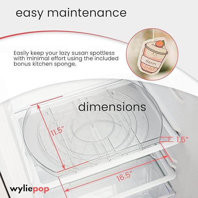 Premium Rectangle Lazy Susan for Refrigerator - 360° Rotating Tray for Fridge, Cabinet & Pantry - Fridge Turntable Organizer with Extra Sponge for Cleaning - Large, Clear Lazy Susan (16.3"x11"x1.3")