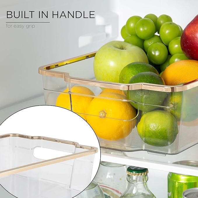 SIMPLEMADE Clear Refrigerator Organizer Bins - Clear Bins for Fridge, Containers for Fridge and Freezer, Multipurpose Storage for Kitchen, Office, Bathroom, Gold Rim (8" x 12")
