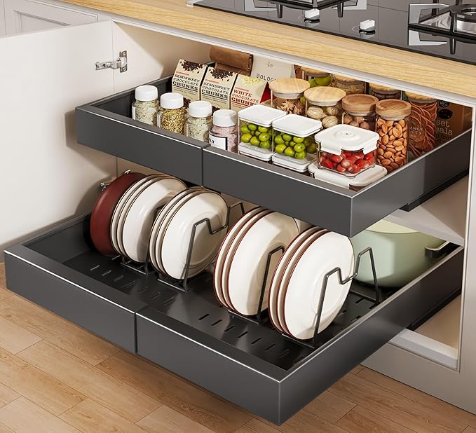 2 Pack Pull out Cabinet Organizer 21"Deep With Raising Pad for Framed Cabinets, Expandable Slide out Drawers for Kitchen Cabinets with 4pcs Divider Racks, Roll out Shelves 12.1"-20.4" W Black