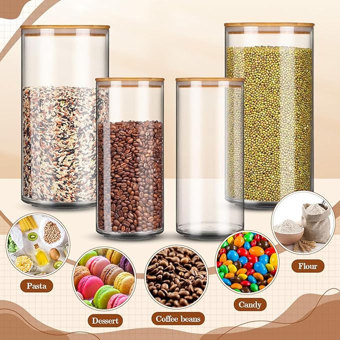 Vesici 4 Pcs Large Acrylic Storage Canister 180 oz and 93 oz Jars with Bamboo Lids Clear Acrylic Canister Unbreakable Airtight Storage Jars for Kitchen, Coffee Rice Pantry Organization