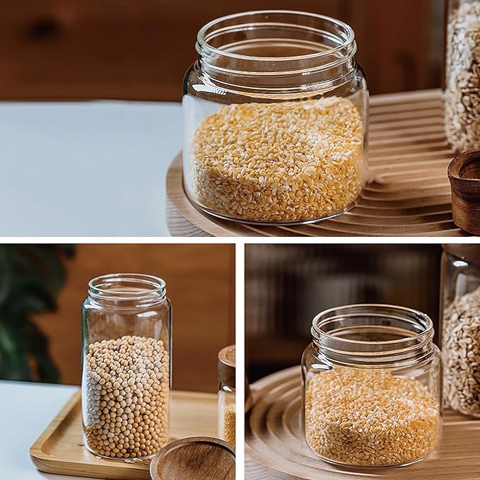 3 Pack 40 oz/1200 ml Clear Glass Storage Canister with Airtight Wooden Screw On Lid, Large Tall Decorative Glass Container Jar Set for Coffee, Nut, Tea, Candy, Cookie, Cereal, Sugar, Flour