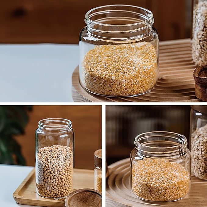 28 oz/850 ml Clear Glass Storage Canister with Airtight Wooden Screw Lid, Medium Cute Decorative Glass Container Jar for Coffee,Spice,Candy,Salt,Cookie,Condiment,Pepper,Sugar,Overnight Oatmeal