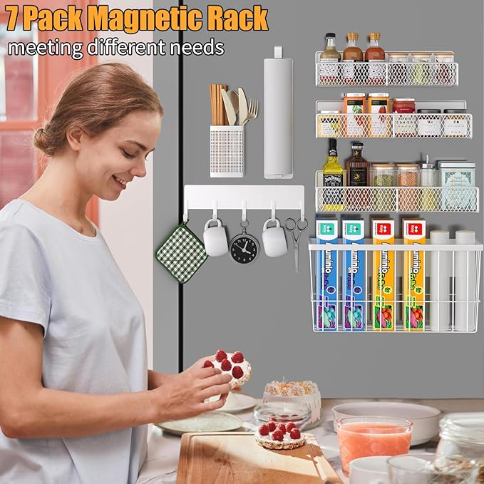 7 Pack Metal Magnetic Spice Rack for Refrigerator, Moveable Storage Fridge Organizer - White