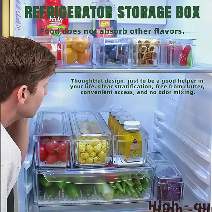10 Pack Fridge Organizer, Stackable Refrigerator Organizer Bins with Lids, Fruit Storage Containers for Storage Clear for Food, Drinks, Vegetable Clear Plastic Fridge Organizers Tool Storage