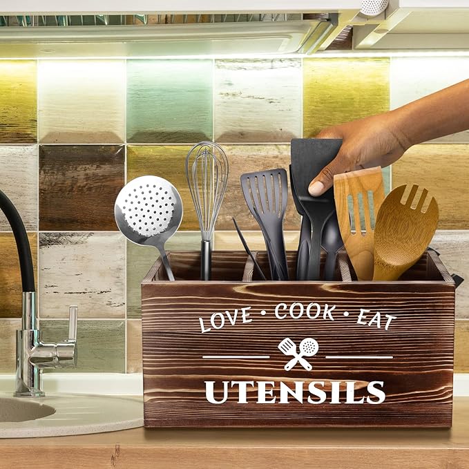 Brown Utensil Holder Rustic Utensil Caddy Crocks with 3 Compartments for Kitchen Counter, Farmhouse Wood Flatware Utensils Organizer Storage Box for Silverware Fork Spoon Spatula