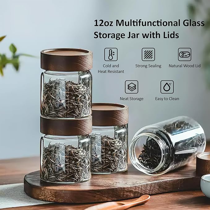 12 oz/350 ml Clear Glass Storage Canister with Airtight Wooden Lid, 4 Pack Small Overnight Oats Containers, Cute Decorative Salad Jar for Snacks Yogurt Spice Sugar Cereal Fruit Coffee Tea