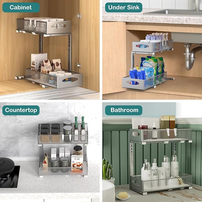 1 Pack Under Sink Organizer, 2 Tier Metal Pull Out Under Sink Storage with Sliding Mesh Drawers, Height Adjustable Slide Out Under Sink Organizer for Kitchen Bathroom Cabinet, Gray