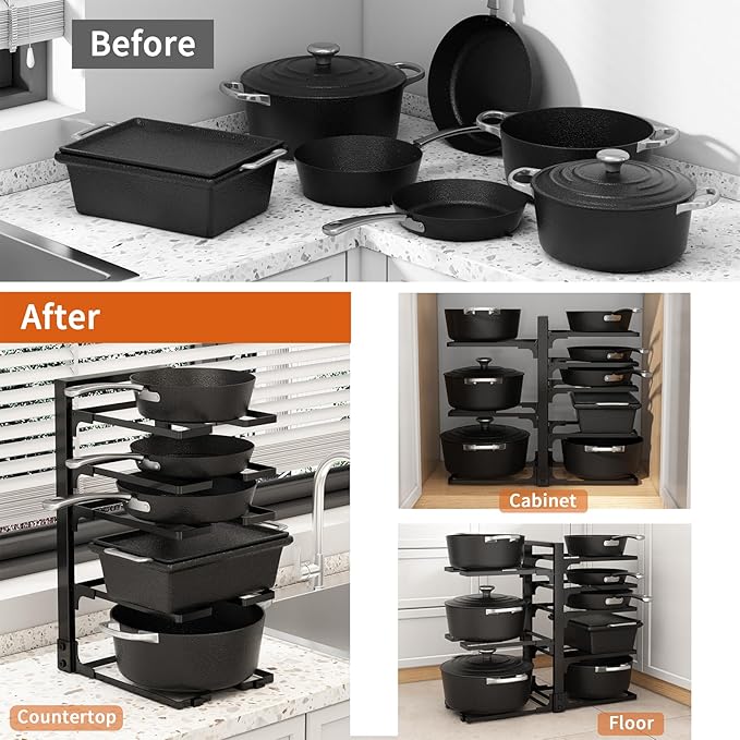 Adjustable Pots and Pans Organizer Under Cabinet, 8-Tier Pot and Pan Organizers Inside Cabinet, Kitchen Cabinet Organizers and Storage, Black