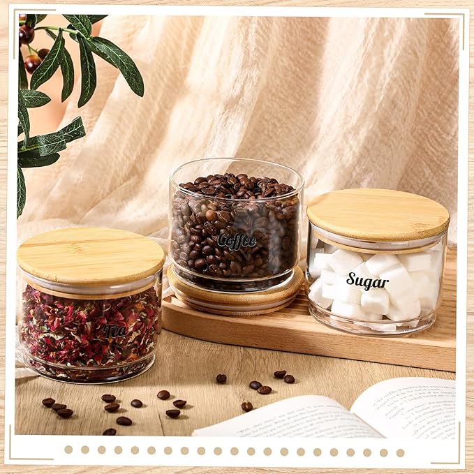 Suclain 3 Pcs 20oz Tea, Coffee, Sugar Stacking Jars Clear Glass Food Storage Jars with Lid Round Kitchen Containers with Sealing Bamboo Lid Airtight Canisters for Serving Tea Coffee Sugar with Sticker