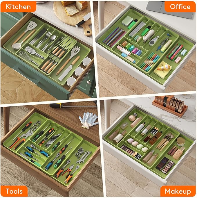 Lifewit Silverware Organizer for Kitchen Drawer, Expandable Utensil Tray with Removable Knife Block, Adjustable Cutlery Flatware Holder, Plastic Spoon Forks Holder Storage Divider, Large, Green
