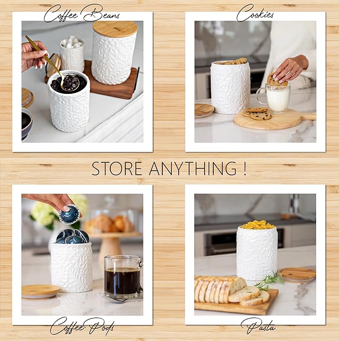 Engraved Design Kitchen Canisters Set of 3 with 74 Oz, 36 Oz, and 18 Oz - White Storage Jars for Countertop with Airtight Bamboo Lids - Large Flour Tea Coffee Sugar Spices Container - Decorative