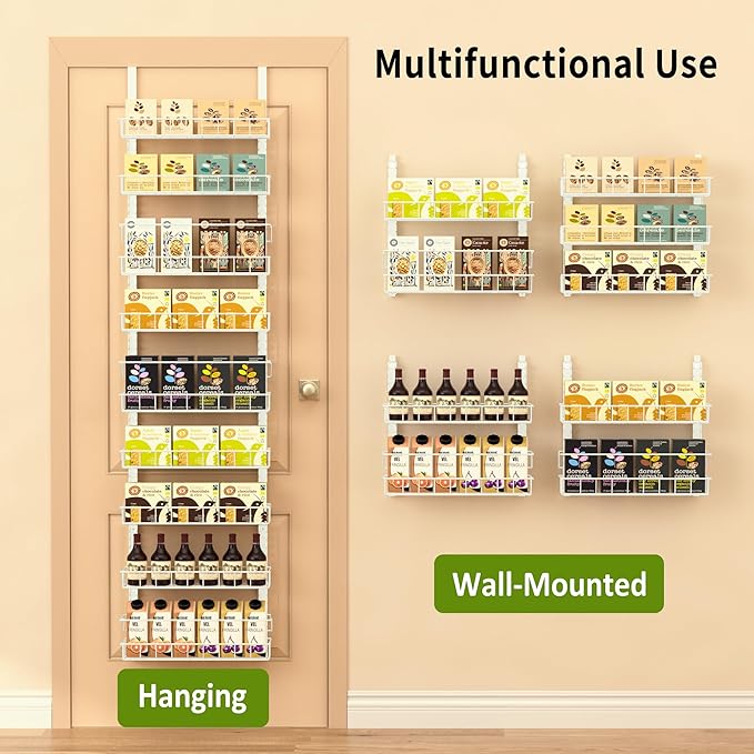 Churboro Over the Door Pantry Organizer Rack with 9 Adjustable Baskets, 9 Tiers Dual-use Hanging or Wall Mount Spice Rack Organizer, White