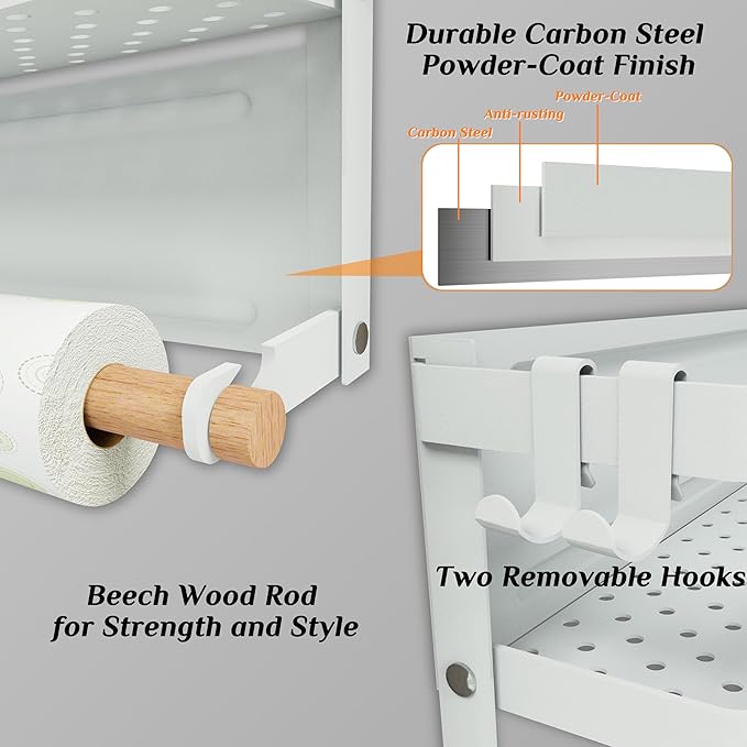 Magnetic Spice Rack 2-Tier Refrigerator Storage Organizer with Removable Paper Towel Holder - White