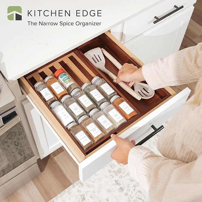 Spice Drawer Organizer with Expandable Storage. Holds up to 15 Spice Jars (Not Included), Non-Slip Feet, Kitchen Accessory Storage, 100% Sustainable Bamboo Wood (Natural Acacia)