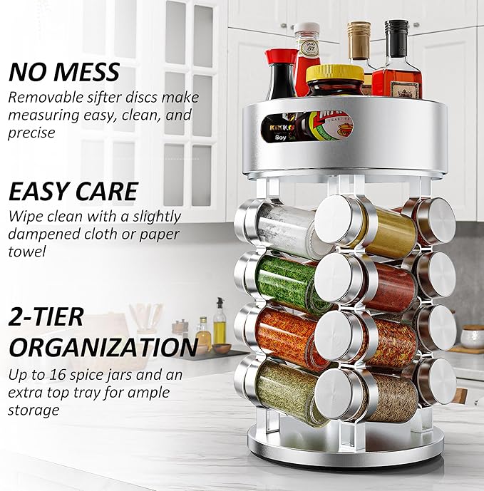 2 Tier Rotating Spice Rack Set With 16 Jars and Extra Top Tray, Revolving Spice Tower Organizer for Kitchen Spice and Seasonings, Aluminum Spice Tower,Reusable Labels, White Pen and Funnel Included