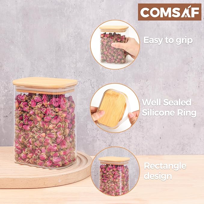 ComSaf 37oz Rectangle Glass Storage Containers with Lids, Glass Jars with Bamboo Lids, Clear Food Storage Jar, Sugar Coffee Containers, Pantry Container for Pasta Tea Candy Nut