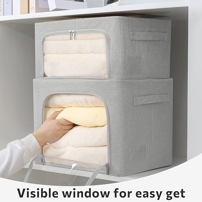 2 Pack Clear Window Storage Bins Stackable Linen Fabric Storage for Clothes Foldable Box Organizer Set with Carrying Handles(Light Gray, 15.7X 11.8X 11.7 Inch)