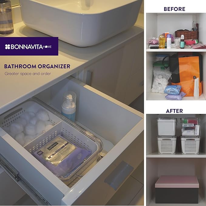 Clear Stackable Storage Containers with Lids BPA-Free Organizer Bins for Refrigerator Pantry Fridge Drawer with Colander and Dividers for Kitchen Food Preservation and Home Organization BPA Free