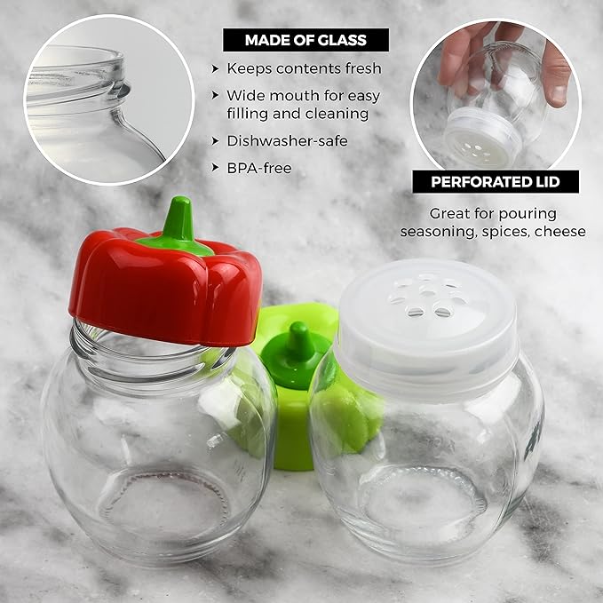Seasoning Shaker Perforated Top Shaker For Parmesan Cheese, Pepper, Kosher Salt, Glass Jar With Cute Pepper Lid, Dishwasher Safe - 7oz - Set Of 2