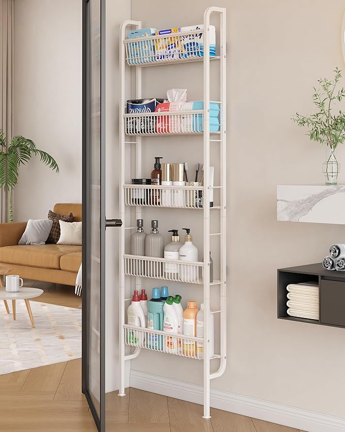 UMDONX Behind The Door Bathroom Shelf Narrow 5-Tier, Space-Saving Slim Storage Shelf Narrow Shelving Unit for Bathroom and Kitchen White