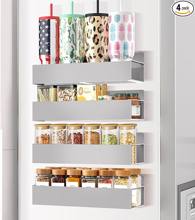 Magnetic Spice Rack Organizer for Fridge Seasoning Organizer for Kitchen storage with Screw or Adhesive Hanging,Magnetic Shelf with Hook for Refrigerator and Oven (Grey, 4pack)