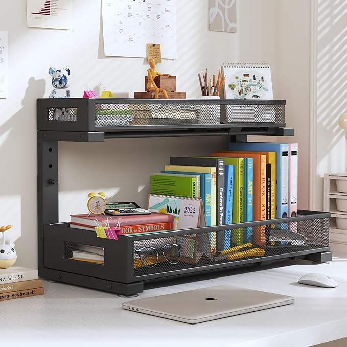 1 Pack 20.47IN Depth Under Sink Storage Organizer, Large 2-Tier Elegant Mesh Pull Out Shelf for Kitchen and Bathroom Cabinet Organization, L-Shaped and Adjustable Height Design-Black