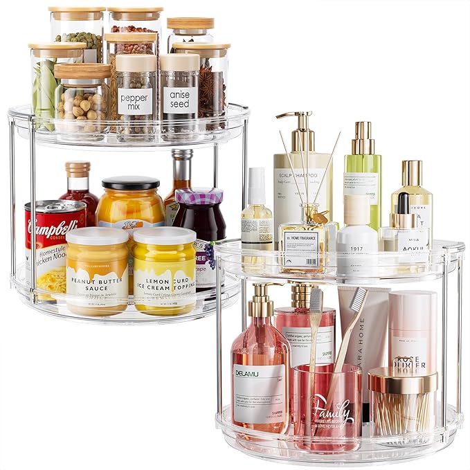 2 Pack 2 Tier Lazy Susan Organizer, 9.25'' Lazy Susan Turntable for Cabinet, Stackable Turntable Organizer Rotating Spice Rack Organization for Kitchen Countertop, Pantry, Bathroom, Clear