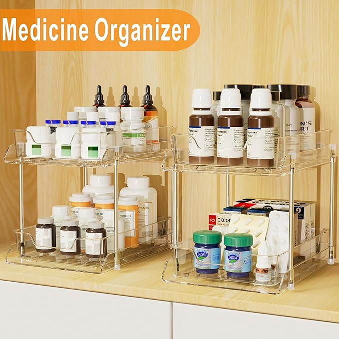 JLKDQ 2 Pack Bathroom Under Sink Organizers and Storage, 2-Tier Pull Out Medicine Cabinet Organizing- Kitchen, Pantry, Medicine Storage Bins, Vanity Makeup.(Clear,10.63" L x 8.0" W x 8.46" H).