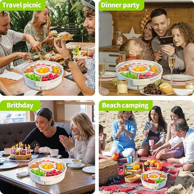 Veggie Tray with Lid and Handle, Divided Serving Tray, Snack Spinner, Portable Snackle Boxs for Candy Fruits Nuts, Clear Fridge Organizer and Storage for Party, Picnic, Travel, Beach