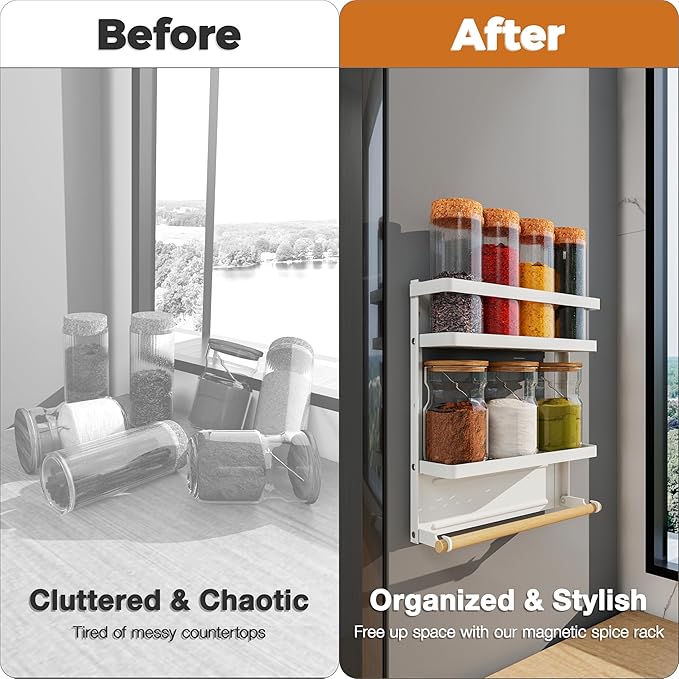 Magnetic Spice Rack 2-Tier Refrigerator Storage Organizer with Removable Paper Towel Holder - White