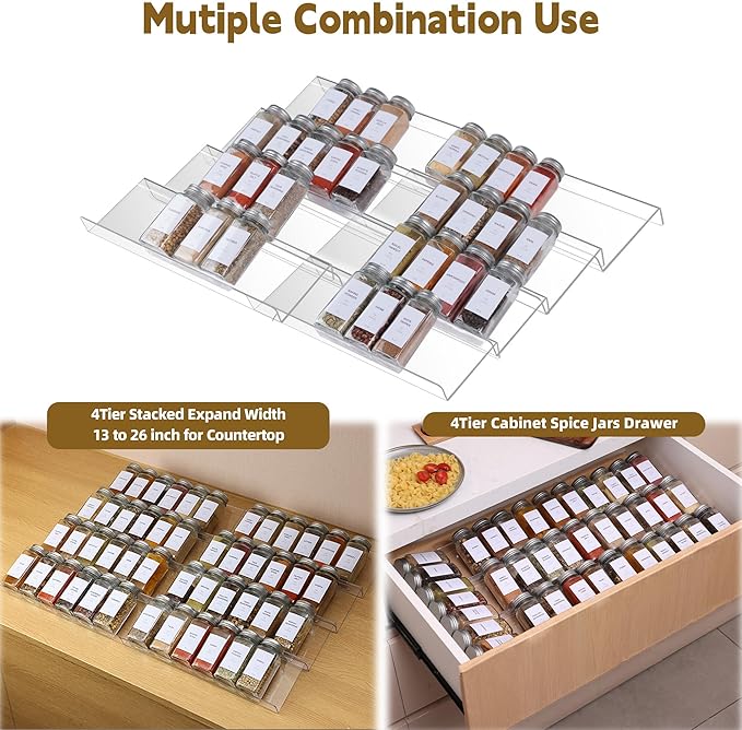 Acrylic Spice Drawer Organizer, 4 Tier- 2 Set Spice Rack Organizer for Cabinet Expandable From 13" to 26", Kitchen Seasoning Jars Drawers Insert Tray (Jars not included)