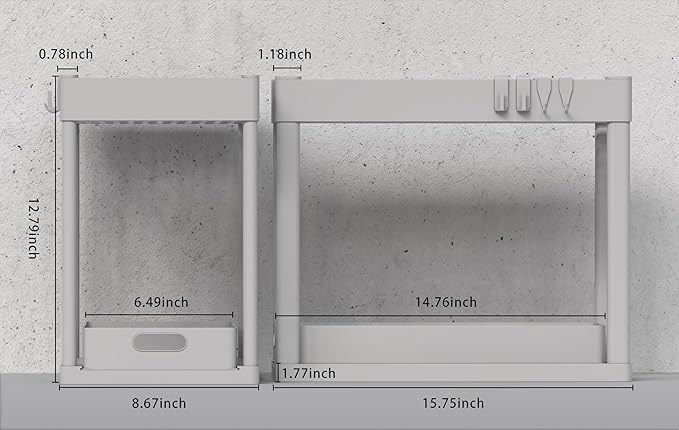 2PC Under Sink Organizer Rack 2 Tier Under Sliding Cabinet Basket Organizer Drawer with 4 Hooks, Multi-purpose Under Sink Storage for Bathroom Kitchen Desktop(Grey)